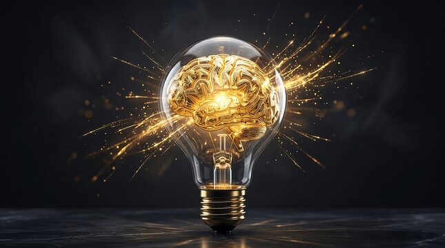 Golden brain light bulb exploding with sparks on dark background representing high value creative ideas.