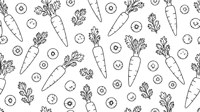 Hand drawn carrot and vegetable pattern design.