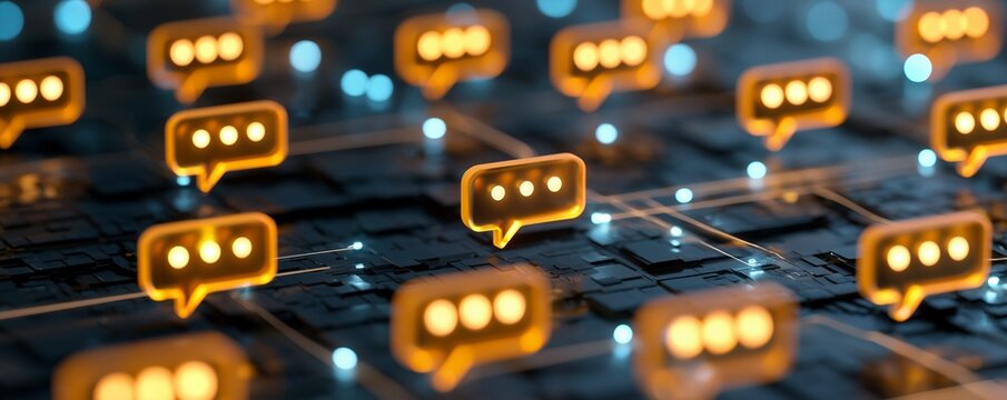 glowing golden chat bubble icons on a dark futuristic circuit board with blue light lines, concept for digital communication, online customer support and global social networking