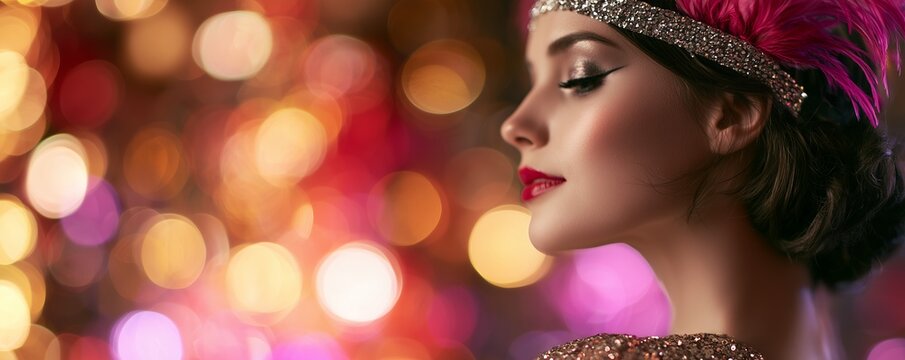 Elegant woman in retro 1920s flapper makeup with feather headband on colorful bokeh background, concept for vintage party banner, luxury fashion invitation and retro celebration marketing