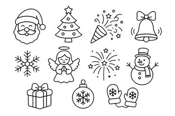 Naklejka premium Christmas holiday outline icon set with festive winter symbols