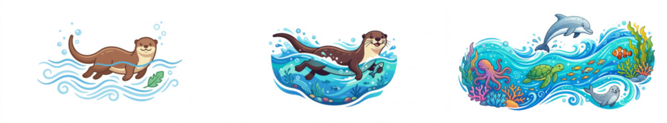 Naklejka premium Cartoon otter swimming in ocean waves with seaweed