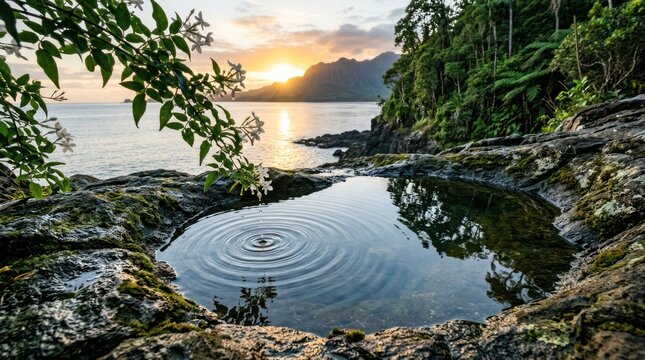 Rock Pool Ripples at Sunset with Ocean View