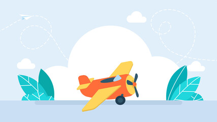 Bright cute airplane flying in the sky, small cartoon biplane representing travel, child toy flight adventure, aviation transport and vacation trip. Flat illustration. © Yurii