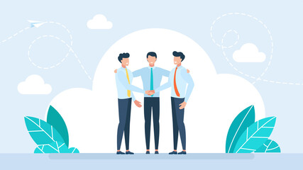 Naklejka na ściany i meble Professional mediator helping two businessmen shake hands, representing successful negotiation, corporate partnership deal, dispute resolution and compromise. Flat illustration.