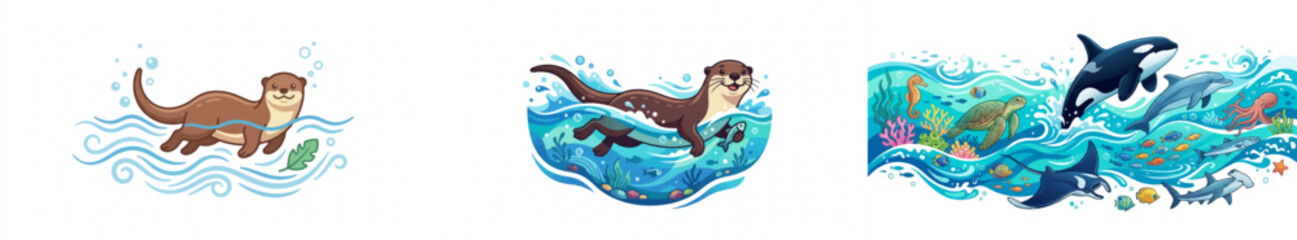 Fototapeta premium Cartoon otter swimming in ocean waves with coral background (3)