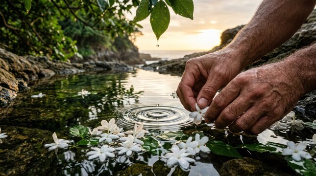 Hands Placing Jasmine Flowers in Natural Rock Pool at Sunset