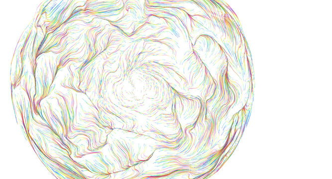 Abstract digital art of a sphere with colorful, swirling, and flowing lines creating a dynamic patte