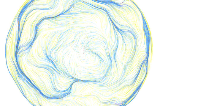 Flowing abstract lines in yellow and blue create a dynamic swirling pattern