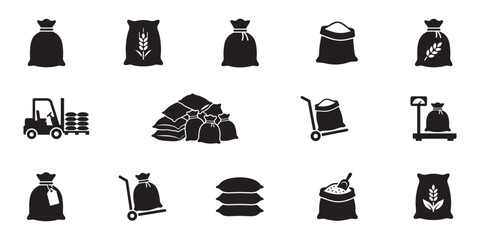 Flour and agriculture sack icon set. Wheat bag, grain storage, forklift, hand truck and industrial scale symbols. Vector illustration. © Roberto_Caravelli