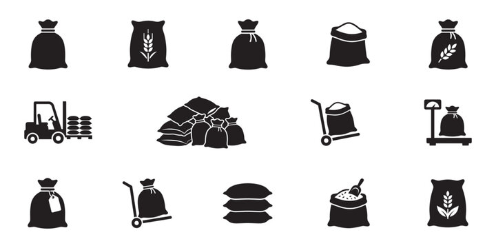 Flour and agriculture sack icon set. Wheat bag, grain storage, forklift, hand truck and industrial scale symbols. Vector illustration.