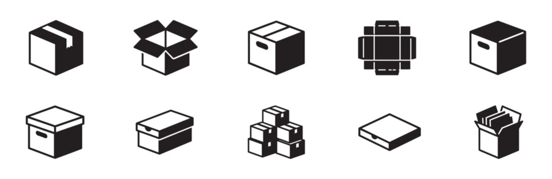 Delivery cardboard box icon set. Shipping package, warehouse storage, open box and isometric parcel symbols. Vector illustration.