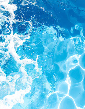 青く輝くプール水の波紋と泡のテクスチャ　涼しげな夏を演出する背景素材　チラシやWebバナーの装飾に使用できる水面のクローズアップ写真　さわやかな透明感とコピースペースのあるデザイン素材