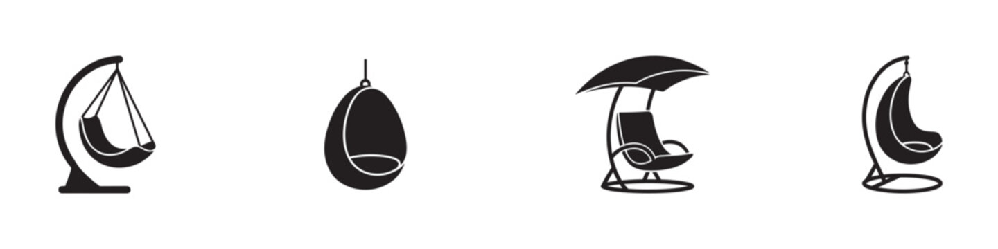 Hanging chair and swing icon set. Modern cocoon hammock, wicker hanging seat and patio relaxation symbols. Vector illustration.