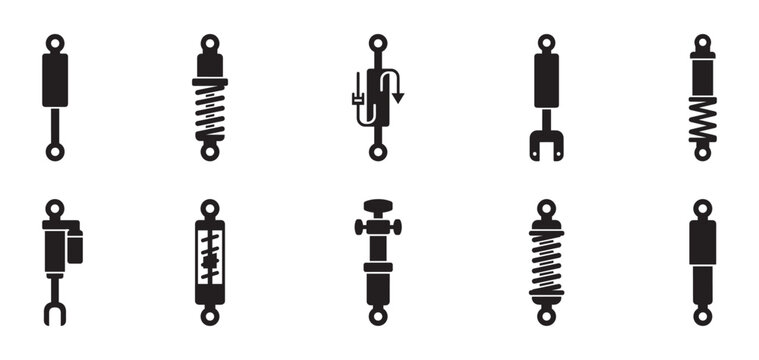 Car shock absorber and suspension parts icon set. Automotive damper, spring, strut and vehicle mechanic repair symbols. Vector illustration.