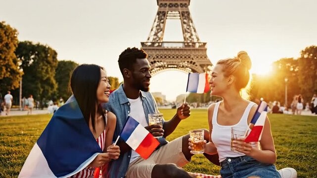 Friends celebrating with French flags near the Eiffel Tower.