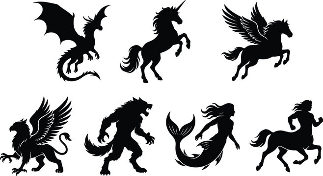Mythical creatures silhouette set featuring dragon unicorn pegasus griffin werewolf mermaid and centaur vector illustration