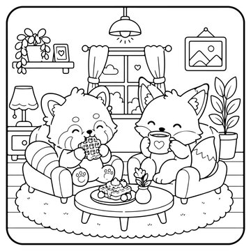 Red Panda and Fox Comfy days cute and comfy cozy coloring pages