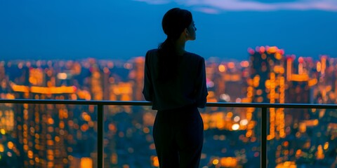 Fototapeta premium Silhouette of a thoughtful woman standing on a high balcony looking at the illuminated city skyline at night, concept for business success, urban lifestyle and corporate leadership