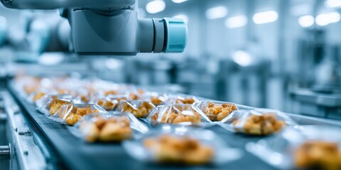 Obraz premium Robotic arm packaging food products on conveyor belt in automated factory, concept for industrial automation, smart manufacturing and food processing technology