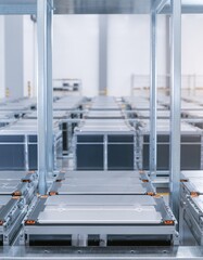 Obraz premium Electric vehicle battery modules in industrial warehouse