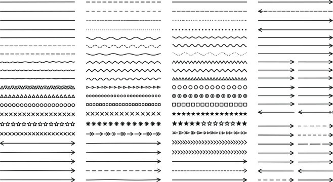 A collection of handdrawn decorative dividers and elements including solid dashed dotted wavy zigzag triangle circle square star and arrow line styles for graphic design and illustration