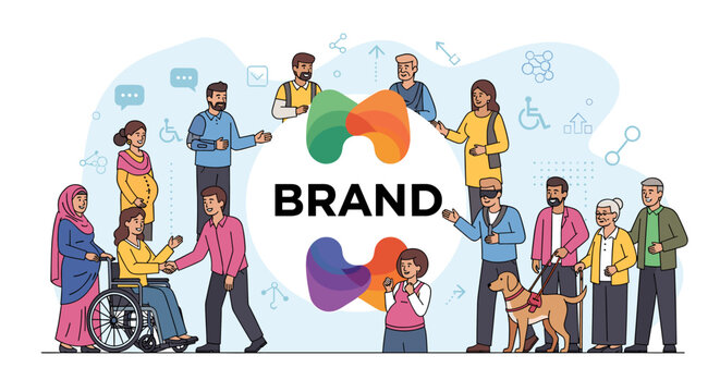 Diverse group of people of various ages, ethnicities, and abilities gather around a central logo with the word "BRAND" to represent inclusivity and brand identity.