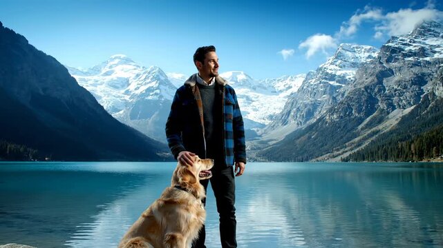 Man pets dog near lake; snow-capped mountains form scenic backdrop