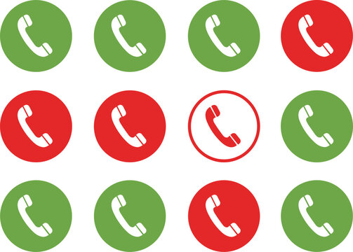 Vector illustration set of phone call icons in green and red circles isolated on white background