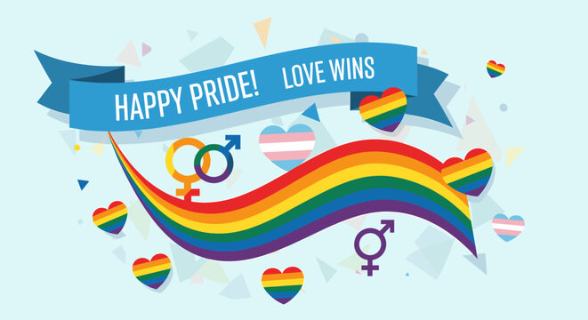 Vibrant rainbow wave with pride symbols and hearts, celebrating LGBTQ+ pride with "Happy Pride! Love Wins" banner.