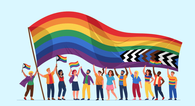 Diverse group of people holding a large rainbow pride flag with additional patterns, celebrating LGBTQ+ rights and inclusion.