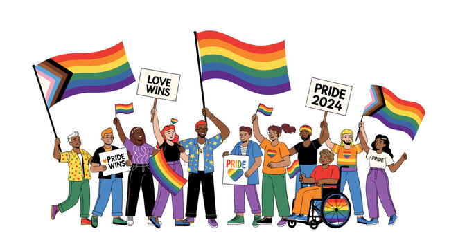 Diverse group of people celebrating Pride, holding rainbow flags and signs, advocating for LGBTQ+ rights and love and unity.