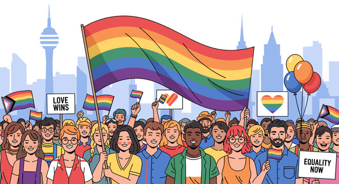 A diverse crowd of people celebrating LGBTQ+ Pride with rainbow flags and signs in a city parade, advocating for equality and human rights.