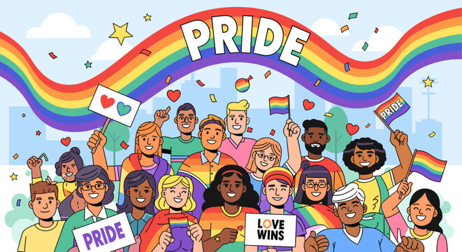 A vibrant illustration of a diverse group of people celebrating Pride, holding rainbow flags and signs, with a large 'PRIDE' banner and confetti.