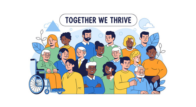 A diverse group of people of different ages, genders, and ethnicities standing together under the banner "TOGETHER WE THRIVE", symbolizing community and inclusion.