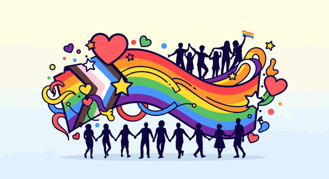Vibrant illustration of a diverse community celebrating pride with rainbow and progress flags, hearts, and stars.