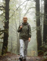 Fototapeta premium Mature woman hiking on misty forest trail