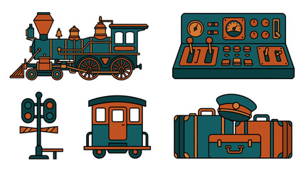 Retro railway vector icons set with steam locomotive © parfume