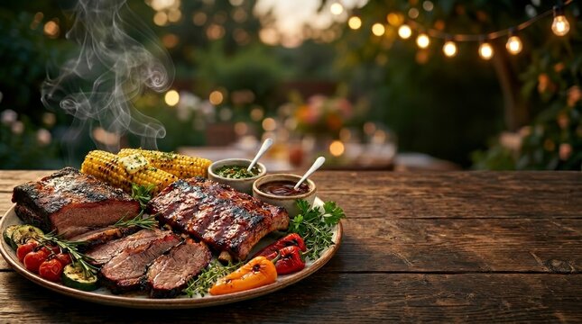 Grilled barbecue ribs and beef brisket platter with roasted corn and vegetables on a rustic wooden table, outdoor summer dinner party, festive food celebration