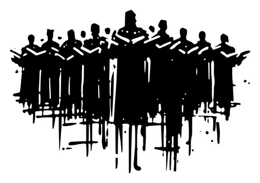 Choir Singers Group Silhouette Ink Splatter Art, Monks or Gospel Singers Grunge Illustration, Abstract Spiritual Performance Drip Design