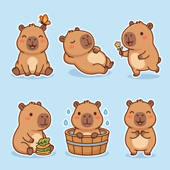 Fototapeta premium Cute cartoon capybara stickers in various happy poses