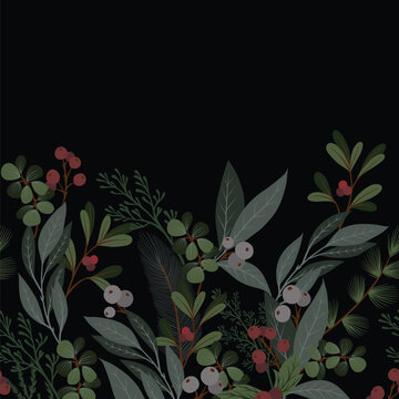 Christmas Dark Botanical Border with Winter Berries Evergreen Leaves Elegant Holiday Design Illustration