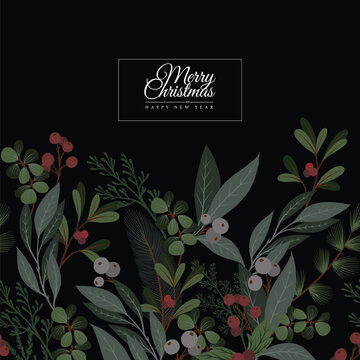 Elegant Christmas dark card with botanical berries foliage festive greeting design template illustration