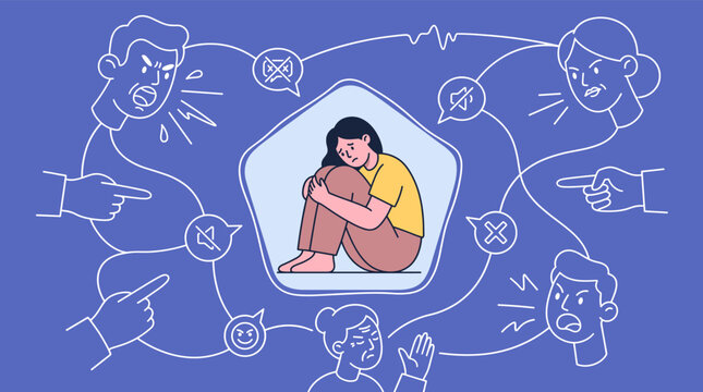 Sad woman curled up alone inside a shape while angry people point fingers and shout at her representing bullying and harassment