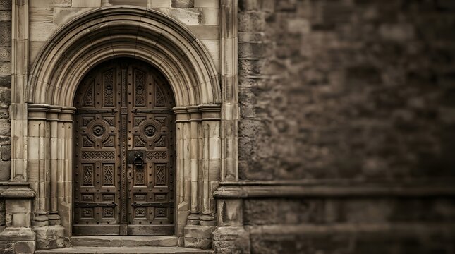 Ornate arched wooden church door with vintage stone masonry facade