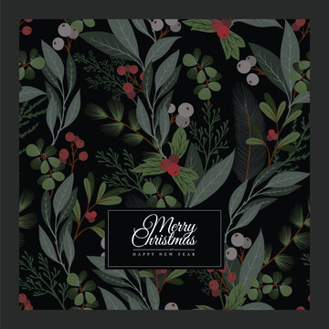 Elegant Christmas dark card with botanical berries foliage festive greeting design template illustration