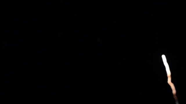 Real fireworks exploding in dark night sky. Beautiful celebration lights display for New Year, Independence Day, and festivals.