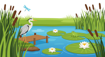 Beautiful Nature Pond Illustration Vector Design Featuring a Heron Frog and Water Lilies in a Serene Wetland Habitat Scene b © Purnomo Semlirick