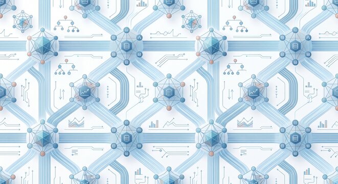 Minimalist business intelligence flowchart seamless pattern with data analytics charts icons and digital connectivity lines background