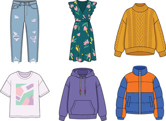Casual Seasonal Fashion Clothing Vector Set Featuring Distressed Jeans Floral Wrap Dress Cable Knit Sweater Graphic Tee Purple Hoodie and Puffer Jacket © MINARA
